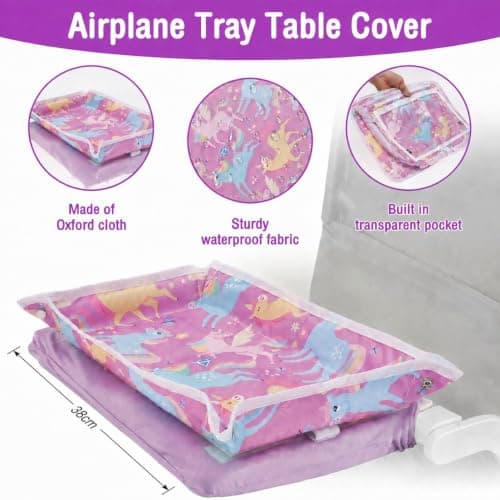 Anihet Kids Tray Table Cover, Foldable Airplane Travel Tray Cover with Clear Pocket, Universal Airplane Must Haves Travel Essential for Plane, Train, High Chair(Unicorns) — view 3