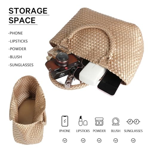 Queenoris Woven Bag for Women, Fashion Top Handle Shoulder Bag Vegan Leather Shopper, Golden — view 4