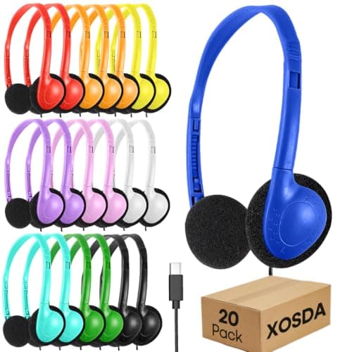 Type C Kids Headphones Bulk for School Classroom 20 Pack, Upgrade USB Type C Wired Headphones for Boys Girls Students Travel Learning Compatible with Tablet Smartphones Chromebook (Mixed Colors)