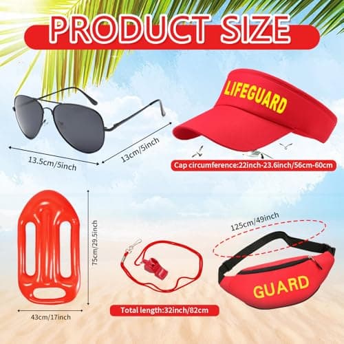7 Pcs Life Guard Costume Set Guard Accessories Kit Include T-shirt Shorts Hat Fanny Pack Whistle Inflatable Float Prop Sunglasses Life Guard Fancy Dress for Men Women Halloween Cosplay Dress Up Party — view 2