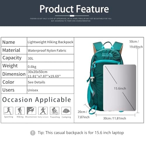 Lightweight Hiking Backpack, 30L Women/Men Waterproof Travel Rucksack Bag with Rain Cover, Outdoor Small Foldable Daypack for Student, Fit for 15.6 inch Laptop (Dark Green, 30l) — view 2
