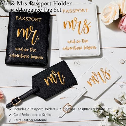 CHOIEO Mr and Mrs Honeymoon Travel Gift Set, Includes Embroidered Passport Covers, Luggage Tags, Eye Masks, Sand Keepsake Jar, Picture Frame, Honeymoon Funds Envelope — view 4