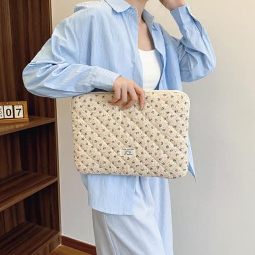 CHAMAIR Puffy Laptop Sleeve 13 Inch Cute Laptop Case Floral Quilted Laptop Sleeve Cute Aesthetic Cover Case 13'' 12'' (Blue 13in) — view 3