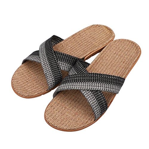 ITODA Unisex Non-Slip Linen Flip Flops Summer Couples Mule Sandals Home Open Toe Slippers Moisture Wicking Flax Sole Indoor Flats Shoes Slippers Breathable Floor Drag