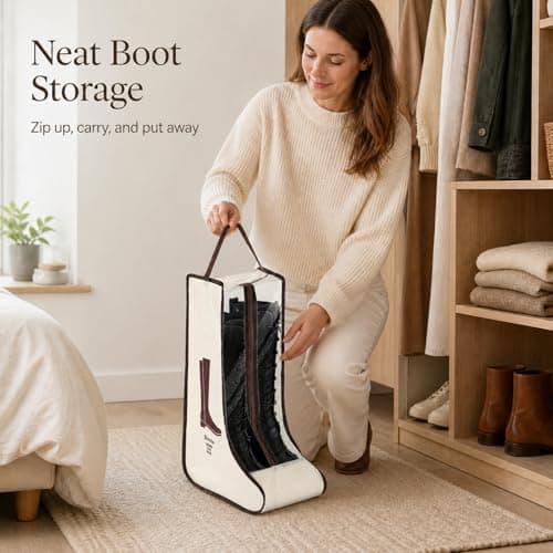 Long Boot Storage Bag, Cream, Clear Viewing Panel, Zip Opening, 1 Pair | Tall Enclosed Format, Bound Edges, Top Carry Handle, for Organising Footwear in Wardrobes and Carrying During Travel — view 2