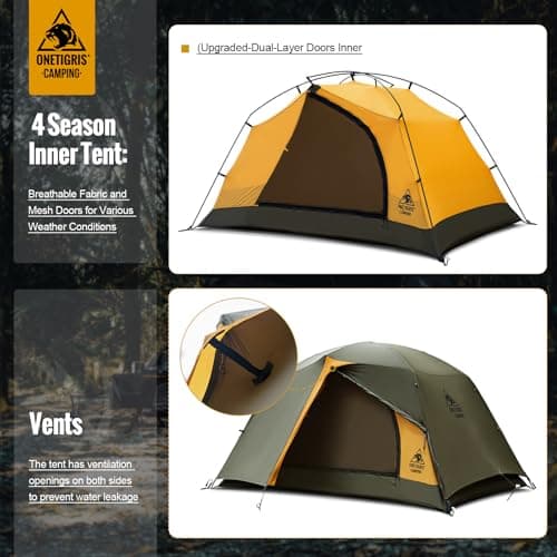 OneTigris Stella 4 Season Camping Tent Backpacking 1/2 Person Waterproof Lightweight Easy Setup Instant 3000mm Waterproof Rating Outdoor Hiking Tent (2P Green) — view 5