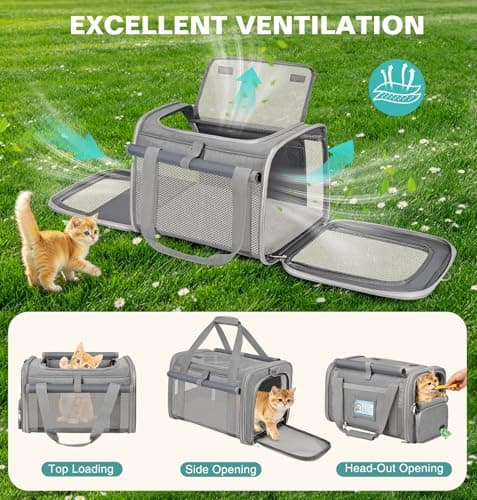 BTNEEU Soft Sided Cat Carrier Bag Airline Approved Large Pet Carrier Portable Dog Carrier Ventilated Foldable Pet Travel Carriers Bag For Cats/Small Dog With Shoulder Strap & Washable Mat (Grey) — view 6