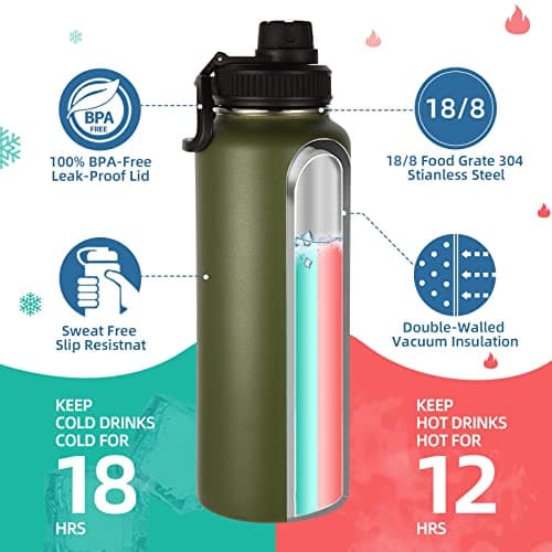Volhoply 1200ml Insulated Water Bottles Paracord Handle, Stainless Steel Sports Bottle with Spout Lid, Reusable Double Walled Vacuum Metal Travel Cups with Wide Mouth for Adults (Army Green, 1 Set) — view 2