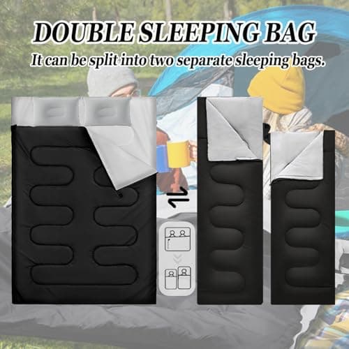 Sleeping Bag, 3-4 Season Double Sleeping Bag with 2 Pillows Camping Travel, Extra Large Lightweight Waterproof Indoor & Outdoor Use for Adults for Hiking, Backpacking and Camping (Black Double) — view 3
