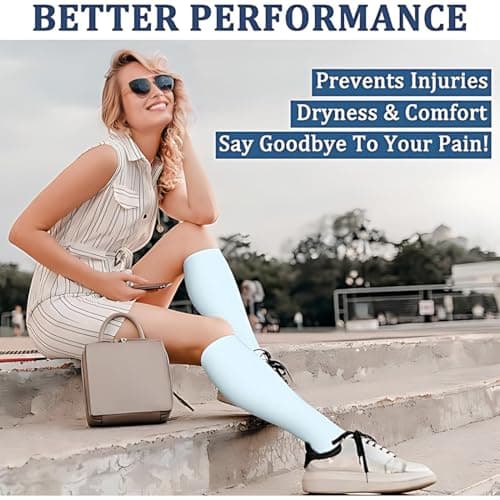 QOWUXHZ 3 Pair Graduated Compression Socks for Men and Women Ideal for Sports, Running, Hiking, Cycling, Travel on Plane, Blue, Beige, Pink — view 4