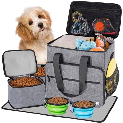 Dog Travel Bag, Includes 2 Food Containers, 2 Foldable Bowls, 1 Feeding Mat