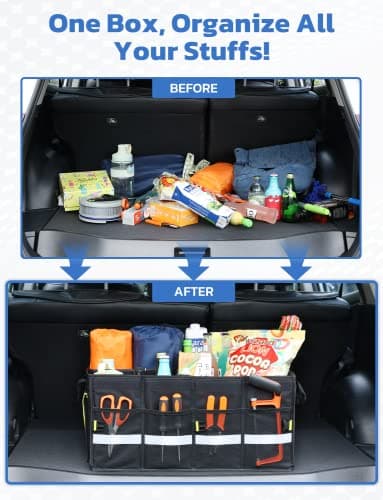 Oasser Car Boot Organiser 55L with Foldable Cover, 3 Compartments, Black — view 6