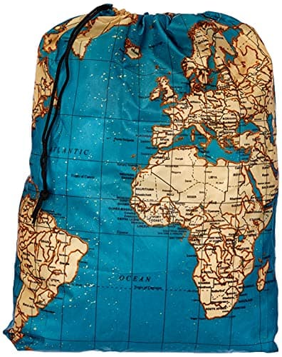 Kikkerland Travel-Size Laundry Bag, World Map Design Heavy Duty Laundry Bag, Polyester, Built-in Pouch, Inner Loop and Carabineer, Multicolor 41cm x 56cm — view 2