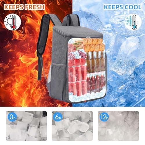 Bagtopia Camping Cooler Backpack 25 Cans, Leak Proof Soft Insulated Compartments Thermal Bag, Portable Lightweight Beach Travel Trip Picnic Lunch Backpack for Men and Women, Stripes-Grey — view 6