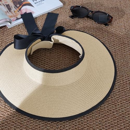 Creekstone Sun Visor Hats for Women Straw Visor Wide Brim UV Protection Packable Summer Beach Hat Ponytail Travel UPF 50+ (UK, Alpha, One Size, Beige with Black Rim) — view 2