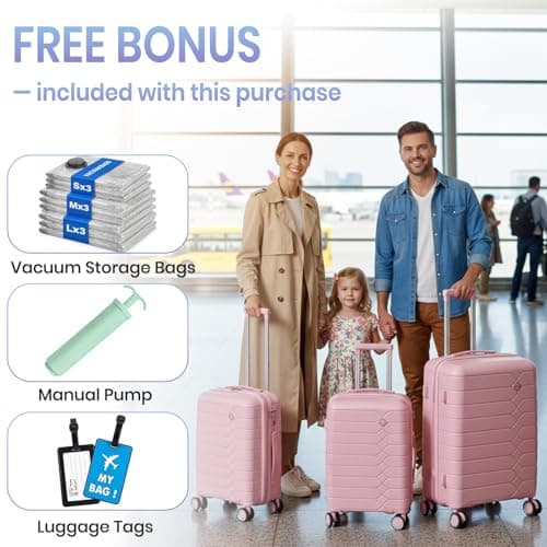H.yeed 3 Piece Suitcase Set PP Hard Shell Luggage Set Lightweight Carry on Travel Hand Luggage with Spinner Wheels & TSA Lock 20" 24" 28" (Pink, 3 pcs Set) — view 3