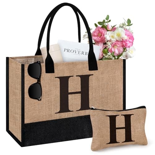 Tecanne Initial Jute Tote Bag & Makeup Bag, Birthday Gifts for Women Her Mum Teacher, Suitable for Wedding, Beach, Holiday (H)