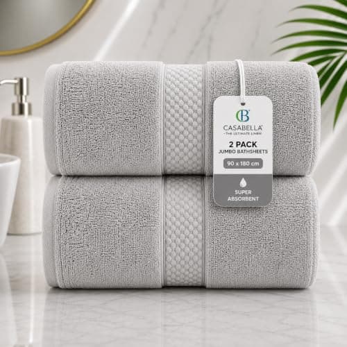Casabella CB 2 Piece Jumbo Bath sheets 100% Combed Cotton Extra Large Bath Towel bale set super Absorbent Soft Silver 2 Pack 90X180 CM Bath sheets Extra Large Bathroom Set Beach Towel