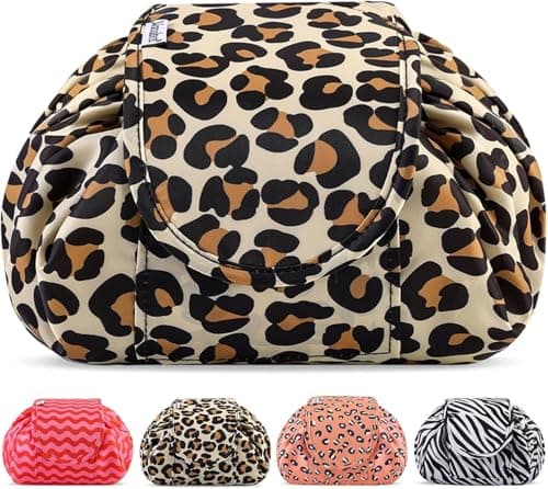 Vavabox Lazy Drawstring Makeup Bag, Flat Lay Cosmetic Bags (Yellow Leopard)