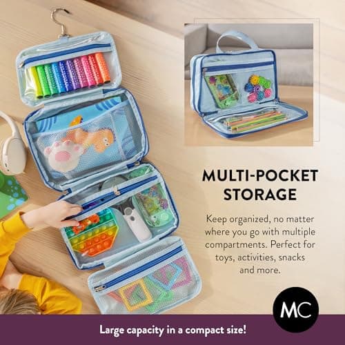 Kids Travel Organizer – Multi-Compartment, Water-Resistant Hanging Bag for Toys, Snacks, & Activities - Compact, Lightweight Design with Hook & Carry Handle - Perfect for Travel Use (Blue, Small) — view 4
