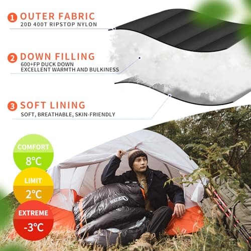 QEZER Down Sleeping Bag,Lightweight Rectangular Winter Sleeping Bag [1180g/1860g] for Adults and Kids 4 Season Camping, Hiking,Warehouse and Moutaineering Outdoor (Black, 600g down) — view 4