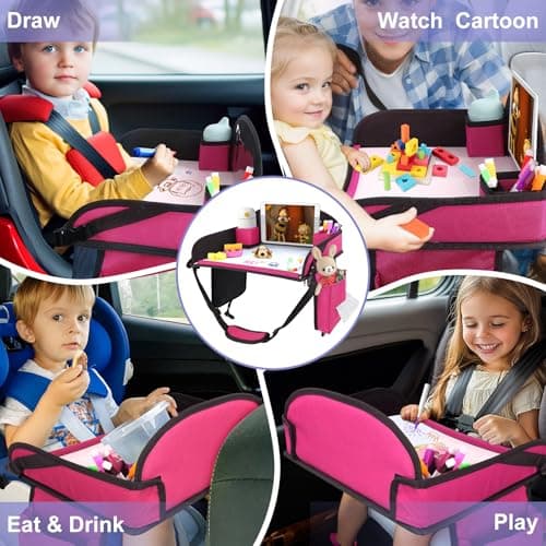 INFANZIA Kids Travel Tray for Car - Car Seat Tray with Markers for Kids Travel, Road Trip Essentials - Carseat Table for Roadtrip Activities - Must Have Toddler Lap Desk Organizer for Airplane (Pink) — view 2
