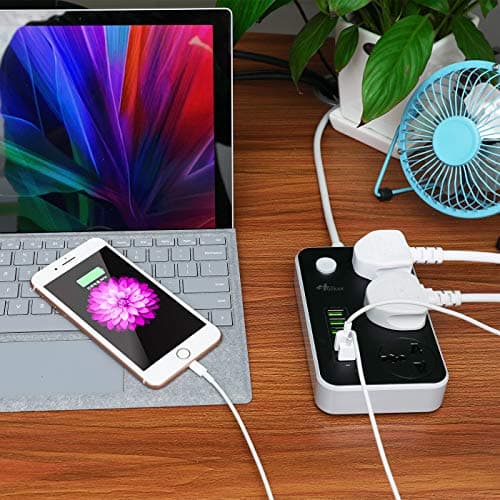 Hulker Extension Lead with USB Ports 3 Way Outlets 6 USB Ports Surge Protection UK Socket with Bold Extension Cord with Fuse and Shutter Power Strips Universal Socket, Black and Grey — view 3