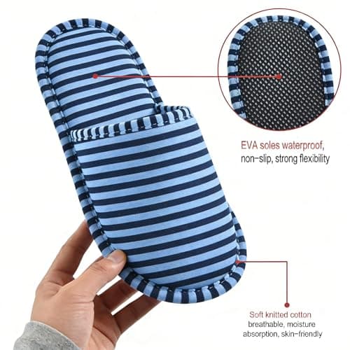 EQLEF Outdoor Travel Foldable Portable Non-Disposable Slipper, Medium, Blue Stripes — view 6