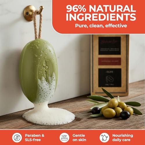 Olive Scented Soap on a Rope - 220g Natural Solid Body Wash Bar for Travel & Home - Long Lasting, Vegan, Plastic-Free, Eco-Friendly & Moisturizing — view 4