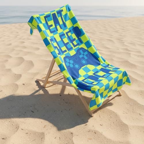OHS Neon Large Beach Towel, Super Soft Quick Dry Sand Free Kids Beach Towel Eat Sleep Game Slogan Lightweight Compact Microfibre Towels Pool Travel Summer Holiday Essentials for Kids, 71 x 152cm
