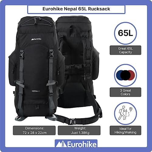 Eurohike Nepal 65 Litre Rucksack with Ventilated Back Panel & Padded Harness, 65L Backpack, Bag for Men & Women, Adjustable, Lightweight, Camping, Hiking, Trekking, Travelling, Outdoors, Black — view 2
