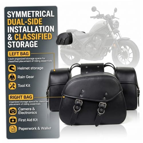 Faroby 1 Pair Motorcycle Saddlebags, Symmetric Side-Mount Leather Motorcycle Luggage Bags with Metal Buckles, Black, Saddle Bags — view 2