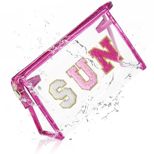 COSHAYSOO Sunscreen Bag Clear Makeup Toiletry Pouch Beach Vacation Essentials for Women Teen Girls Trip Gifts Summer Pool Travel Must Have Accessories Waterproof Stuff, Pink-Sun, 8.8" x 2.7" x 5.5
