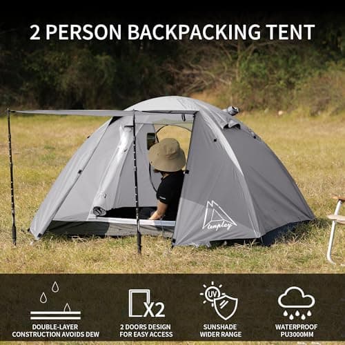 TENPLAY 2 Person Camping Tent Lightweight, PU3000mm Waterproof Backpacking Tent with Flysheet, 3-Season Double Layer Dome Tent with Aluminium Poles, 2 Doors for Hiking Outdoor Mountaineering（Grey） — view 6