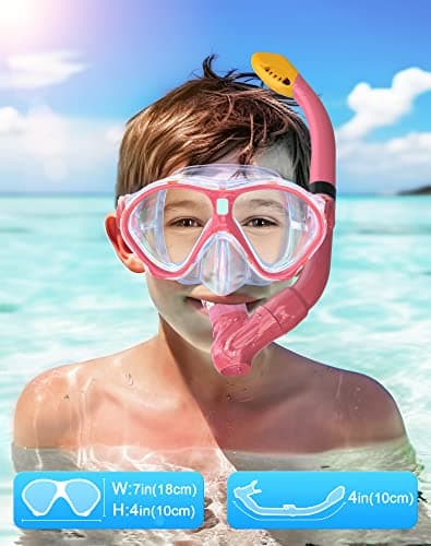 Gintenco Kids Snorkel Set, Dry Top Snorkel Mask Anti-Leak for Youth Junior Child, Anti-Fog Snorkeling Gear Free Breathing,Tempered Glass Swimming Diving Scuba Goggles 180° Panoramic View (Light Pink) — view 4