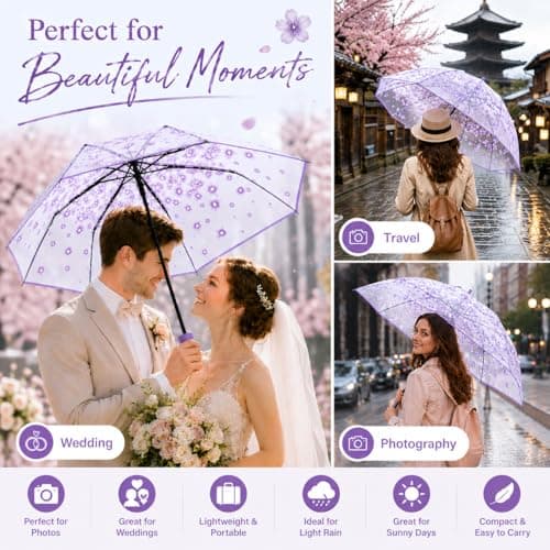 VIPOPICO Clear Umbrella for Women – Manual Open/Close Foldable Compact Travel Umbrella with Frosted Handle | Transparent See-Through Dome | Ideal for Weddings, Bridal Events & Daily Use(1, Purple) — view 3