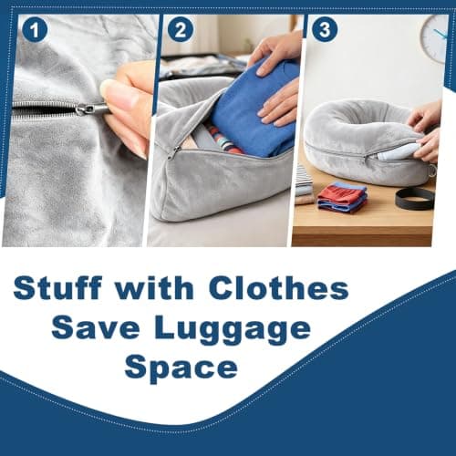 Peaflew Stuffable Neck Pillow for Travel, U-Shaped Pillow with Storage Bag, Neck Pillow Storage with Adjustable Strap, Travel Pillow with Soft Head Support for Airplane, Camping, Train, Hiking (Gray) — view 3