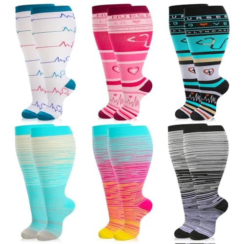 Zuimei 6 Pairs Women Plus Size Leg Compression Socks Wide Calf Compression Support Socks for Women Ideal for Flight Travel Varicose Veins XXL