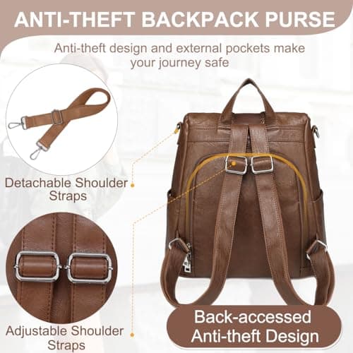 VASCHY Women Backpack, Fashion Anti Theft Ladies Backpack Purse Faux Leather Daypack 3 Ways to Carry Vintage School Rucksack Handbag Bag with Detachable Shoulder Strap for Travel Shopping (Brown) — view 4