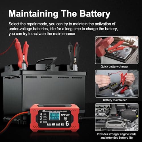 EAFCar 6Amp Car Battery Charger, 12V Smart Trickle Charger and Maintainer, LCD Screen Maintainer/Pulse Repair Activation Pack for Car, Motorcycle, Lead Acid Batteries & AGM. (6A) — view 4