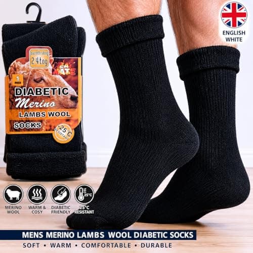 reshmena® 2 Merino Diabetic Mens Wool Socks Loose Top Men Wool Non-Elastic Sock's Mens Thick Boot Socks Winter Sock 2.4 TOG UK Size 6-11 Black — view 5