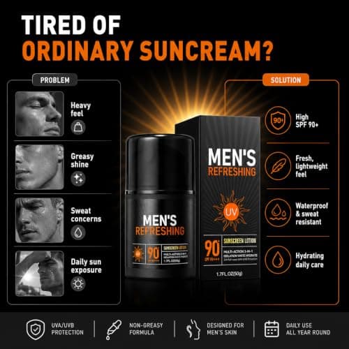 Sunscreen for Men, SPF 90+ Face Sun Cream, Mens SPF Moisturiser, UVA UVB Protection, Water Resistant Sunscreen - Non Greasy Lightweight Sun Lotion for Gym, Commute, Outdoor Sport & Holiday, 50g — view 6