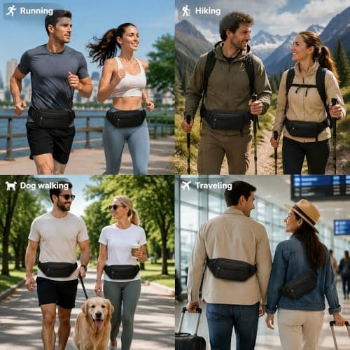 Waterproof Bumbags Waist Fanny Pack Running Belt Ladies Fashion Bum Bag with Adjustable Belt for Sport Running Hiking Jogging Travel Dog wolking Women Men (Black-A) — view 6