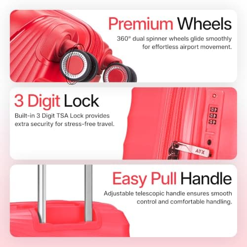 ATX Luggage 55x40x20cm Cabin Suitcase Lightweight Durable Polypropylene Small Suitcase with 4 Dual Spinner Wheels and Built-in TSA Lock (Red, 21 Inches, 44 Liters) — view 5