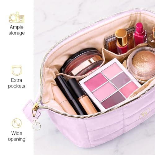 Quilted Pink Makeup Bag for Women, Travel Toiletry Bag with Wide-Open Top & Zipper Pouch, Travel Makeup Case Organizer with Internal Pockets, Puffy Cosmetic Pouch for Everyday Essentials — view 2