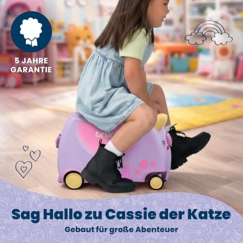 Trunki Ride-On Kids Suitcase with 360° Front Wheels - 17.6 L Hand Luggage Bag, Cabin Luggage with Wheels, Carry-on Approved Lightweight Kids Luggage with Tow Strap - Cassie the Cat, Purple — view 5