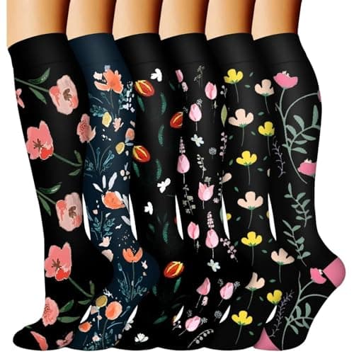 Compression Socks for Women Flying Long Haul 15-20 mmHg 6 Pack Compression Stockings Long Support Travel Flight Socks Over the Knee Length Pressure Stockings for Running Nursing Athletic