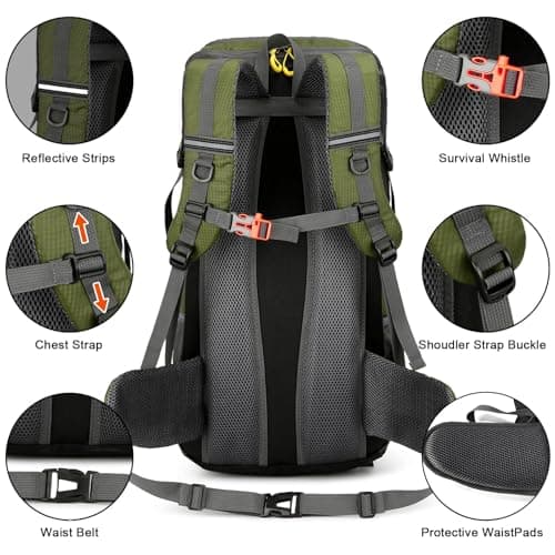 jianyana Hiking Backpack Waterproof 50L Foldable Rucksack Durable Lightweight Camping Bag with Rain Cover for Camping Trekking Hiking Walking Cycling Climbing Outdoor Sports for Women Men(ArmyGreen) — view 5