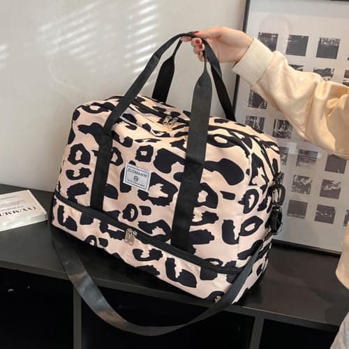 Vllcsla Gym Bag Women 42.43 L Large Capacity, with Wet Pocket & Shoes Compartment, Travel Duffel Weekender Womens, Carry on Overnight Totes Waterproof, Leopard Print, Beige Pink — view 2