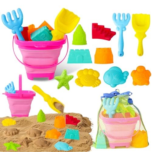 Beach Sand Toys for Kids,12 PCS Collapsible Beach Toys Set and Spade Set with Mesh Bag,Castle&Aninal Moulds ,Travel Beach Essentials for Children,Gardening Beach Outdoor Toys for Boys Girls (Pink)